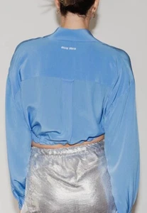 Miu Miu Crêpe De Shine Silk Cropped Shirt in Blue RRP$1900 AUD Farfetch - Picture 1 of 6