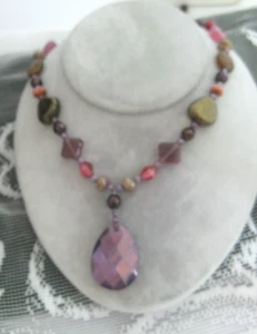 Estate Costume Joan Rivers Iridescent Purple Copper and Pink Bead Necklace 21" - Picture 1 of 4