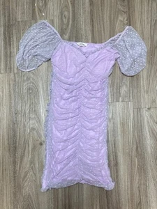 Peach Love California Womens Lavennder Lilac Mesh Polka Dot Puff Sleeve Dress - Picture 1 of 7