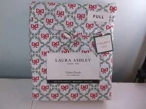 Laura Ashely 4 PC Full Sheet Set Bow Trellis 200 Thread Count Holiday Red/Green - Picture 1 of 3