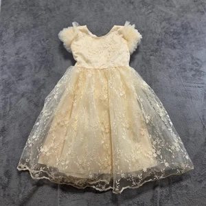 KaQinini Girls Fluffy Dress Size 8Y Beige Floral Print Embroidered Lined Ruffle - Picture 1 of 9