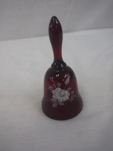 Fenton Ruby Red Cabbage Rose Hand-Painted Bell Signed L. Everson 4.5" tall - Picture 1 of 5