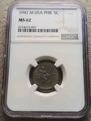 Philippines US 1941 M 5 Centavos Key CN Coin Last Year Issue Choice NGC MS 62 - Image 1 of 4
