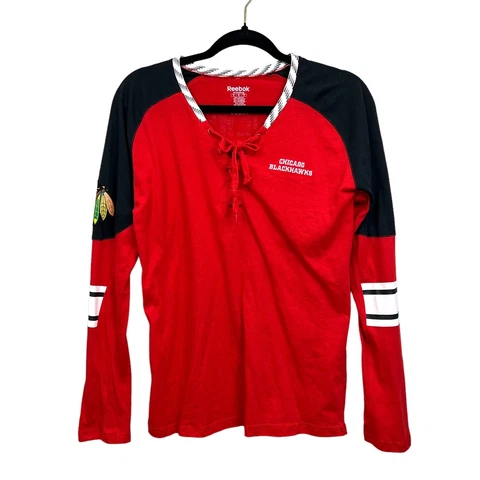 Reebok Chicago Blackhawks Long Sleeve T Shirt Toews Logo Top V Neck Red Women M Cover
