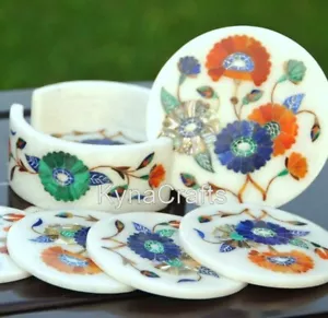 4,5 Zoll Edelstein Inlay Arbeit Tee Untersetzer Set Weiß Marmor Weinuntersetzer für Bar - Bild 1 von 4