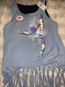Justice Active Gymnast Fringe Tank Top Girls 10 Light Blue Flip Sequins Dance - Picture 1 of 6