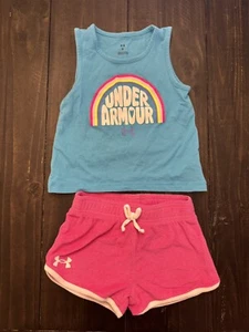 Girls Under Armour Athletic Outfit Shorts Tank Top Size 5 Blue/Pink - Picture 1 of 6