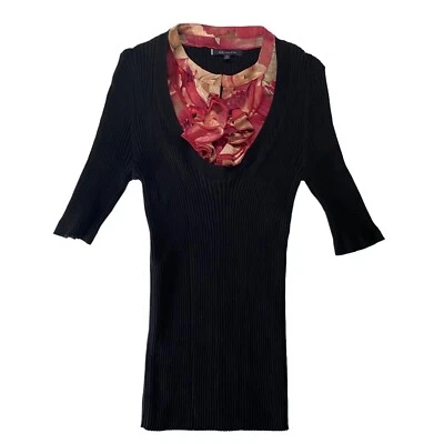 Blusa Anne Klein Tejida Negra Inserto Floral Para Mujer Talla M Manga Corta Cuello Redondo Foto 1 de 4