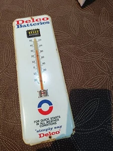 Vintage Thermometer DELCO Battery Tin merchandise advertising No Porcelain - Picture 1 of 7