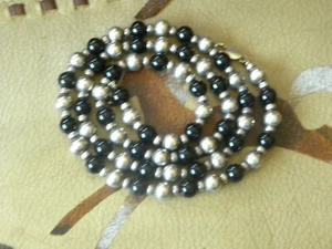 ONYX & STERLING SILVER BEADED NECKLACE 24" SIGNED "DEC" - Picture 1 of 12