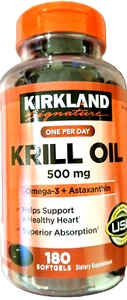 Kirkland Signature Krill Oil 500mg Omega-3+Astaxanthin 180 Softgels EXP 08/2026 - Picture 1 of 3