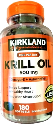Kirkland Signature Krill Oil 500mg Omega-3+Astaxanthin 180 Softgels EXP 08/2026 - Image 1 of 3