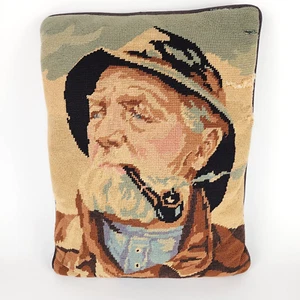 ALMOHADA TAPIZ DE AGUJA ANTIGUA/DE COLECCIÓN PESCADOR Hombre Pipa Cabina Decoración - Imagen 1 de 17