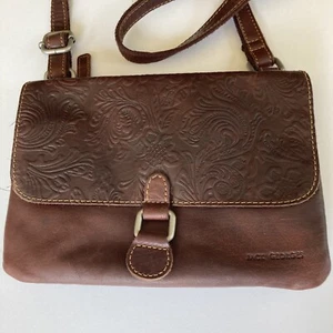 Jack Georges Voyager Crossbody Bag Brown Genuine Leather Floral Carving Soft - Picture 1 of 13