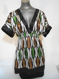 Eye Shadow Womens Sz M Brown Green Ivory V Neck Sleeveless Blouse Top Boho Retro - Picture 1 of 7