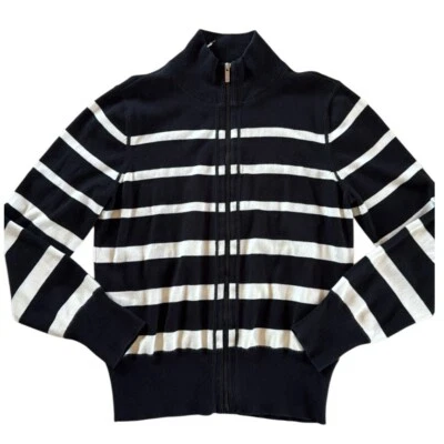 JONES OF NEW YORK 休闲全拉链黑色和白色条纹针织衫 100% 棉 XL 码 — 第 1/4 张图片