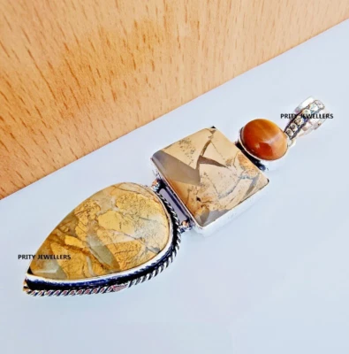 Hermoso cuadro jaspe con ojo de tigre colgante hecho a mano de plata de ley 925 Foto 1 de 4