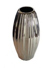 Vase Silver Ceramic Chrome Painted Tall 11” Ribbed Metallic Home Decor