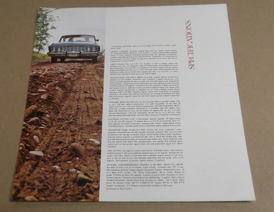 1961 DODGE DART / POLARA SPECIFICATION ORIGINAL DEALER ADVERTISEMENT AD 61 - Image 1 of 1