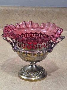 Victorian SilverPlate w CRANBERRY THUMBPRINT SUGAR GLASS INSERT FLUTED EDGE 6x5 - Picture 1 of 12