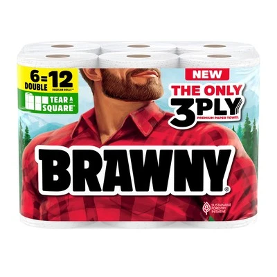 Brawny Tear-A-Square 3-Ply Paper Towels, 6 Double Rolls = 12 Regular Rolls, Stro