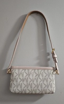 Michael Kors Off-White Logo Coated Canvas & Pink Faux Leather Zip Belt Bag - Image 1 of 3