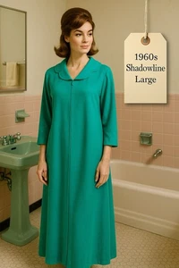 Vintage 1960s Shadowline Robe L Teal Zip Front Scalloped Collar Side Pockets 54" - Bild 1 von 8