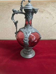 Antique ornate pewter over glass wine jug decanter 10.6inch - Picture 1 of 9