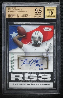 2012 SAGE RGIII /10 Robert Griffin III #2 BGS 9.5 GEM MINT Rookie Auto RC - Image 1 of 2