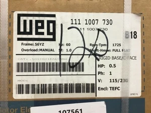 Weg .5018ES1RAD56NZ 1/2 HP AC Motor 115/230 V 1725 Rpm 56YZ Frame TEFC - Picture 1 of 8