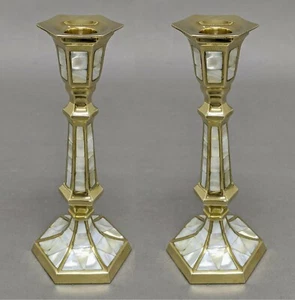 Candle Holder 3"D 8"Hi Set/2 Brass Mother of Pearl Inlay Hexagonal FREE SHIPPING - Picture 1 of 4