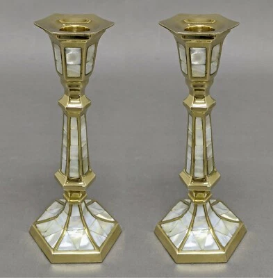 Candle Holder Brass Mother of Pearl Inlay Hexagonal  3"Wide 8"High  Set of 2 - Image 1 of 4