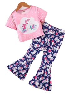 New Girls Size 5 Pink Navy Short Sleeve Floral Unicorn Bell Pants Set - Picture 1 of 4
