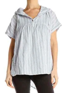 NWT Doe&Rae sz:S Womens Girls Short Sleeve Cotton Hooded Blouse Shirt Top Stripe - Picture 1 of 12