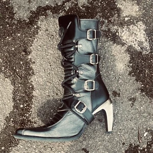 New Rock Womens Size 4 37 Grey & Black Leather Boots Metal Heel Mid Calf Sexy - Picture 1 of 24
