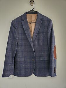 BLUE PLAID BLACKFORD TWEED SPORT COAT w/ SUEDE PATCHES sz 104 blazer jacket 38R