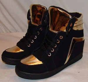 Via Pinky Collection Shoes 9 Womens Black Gold Platform Wedge Heel - Picture 1 of 8