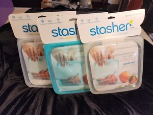 3 STASHER Silicone Reusable Sandwich Storage Food Bags Plastic Free & New - Picture 1 of 7