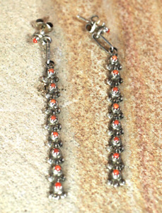 Very Old Native American Sterling Silver and Coral Drop Earrings