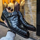 Handmade Men's Black Alligator Leather Print Oxford Whole-Cut Side Buckle Shoe.