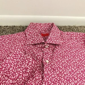 Isaia Napoli Dress Shirt Linen All Over Fish Print Purple Size 17.5 | 44 - Picture 1 of 9