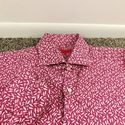 Isaia Napoli Dress Shirt Linen All Over Fish Print Purple Size 17.5 | 44 - Image 1 of 4