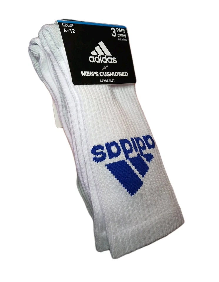Adidas Aeroready Crew Socks 3Pk White/Onix Gray With Royal Blue Logo Mens 6-12.