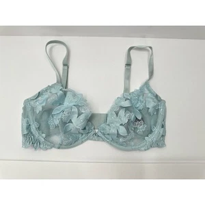 VICTORIAS SECRET LUXE LINGERIE UNLINED FLORAL EMBROIDERED Lace DEMI BRA Blue 34D - Picture 1 of 7