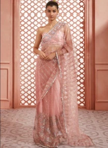 Lashkaraa Light Pink Sequins Embellished Net Saree Size XSmall (34) - Picture 1 of 6
