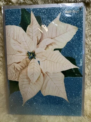 Papyrus Christmas Card 2010 HTF White Poinsettia  Blue Glitter Encrusted Jewels - Image 1 of 4