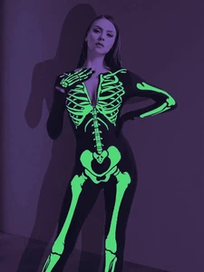 Disfraz de esqueleto que brilla en la oscuridad para mujer - Sexy traje de disfraces de fiesta de Halloween - Imagen 1 de 12