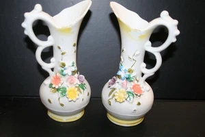 2 Capodimonte Style Interpur R.O.C Bisque Pitcher Vases 7" Raised Flowers - Picture 1 of 6