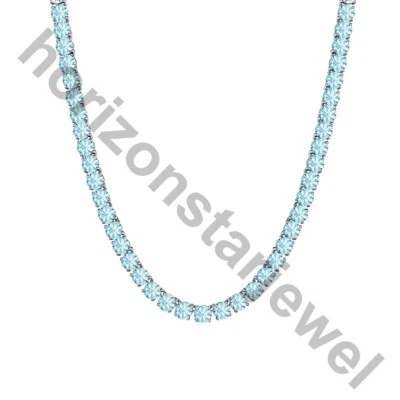 22" Tennis 5 MM Necklace 55 Ct Round Cut  Aquamarine 14K White Gold Over - Image 1 of 4