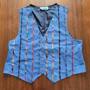 Vintage 90s Southwest Stripe Lightweight Denim Vest Waist Coat Cinch Back 1X - Picture 1 of 5